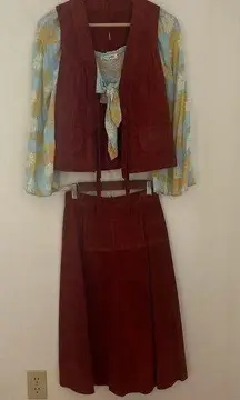 Rust Red Vest and Skirt Set with Floral Top