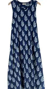 MANA Blue Floral Print‎ Cotton Sleeveless Tie Waist Midi Dress Size S
