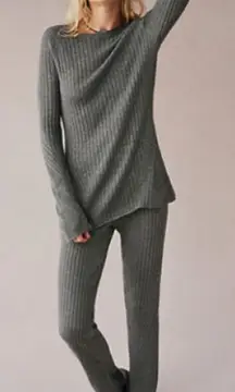 Free People Asbury Sweater Lounge Set Grey Cable Knit Flare Pants Ribbed Cozy