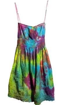 Y2K Tie Dye Babydoll Smocked Mini Dress Spaghetti Straps Hippie Boho Colorful XS