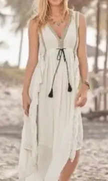 Talisman White Ruffle Maxi Dress with Tassel Tie Women’s Medium