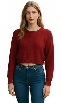 BLU Stylish Cropped Cable Knit Sweater Large (Fits Closer to XS) Boho