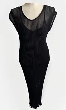 Massimo Dutti Midi Dress Black Ribbed Knit Bodycon Viscose Sheer Resort Small