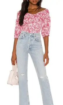 Steve Madden Abstract Ditsy Smocked Top Violet Icing