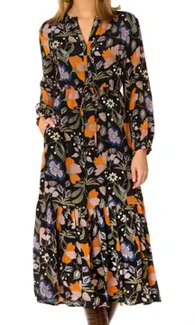 Olivia James the Label Lydia Long Sleeve Fall Floral Midi‎ Dress Black Viscose