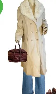 VINTAGE 1980'S PRIME SOURCE NY BEIGE & CREAM WOOL & RABBIT FUR COLLAR COAT (L)