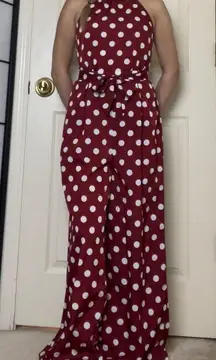 Missguided | Burgundy Red Polka Dot Halterneck Wide Leg Open-Back Jumpsuit