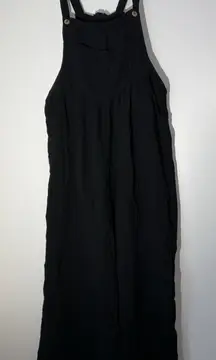 Heyson‎ Kangaroo Pocketed Wide Leg Overall Jumpsuit Black Gauzy 100% Cotton L