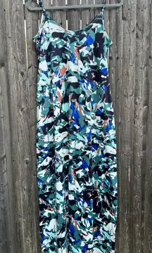 Fashion Camo Print Spaghetti Strap Maxi Dress in Green/White/Black - Size Medium