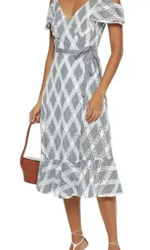 SANDRO Paris Illa Cold-Shoulder Crochet And Striped Twill Midi Wrap Dress 40 NEW