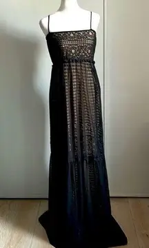 NWT Max Studio Tiered Floor Length Lace Overlay Spaghetti Strap Maxi Dress