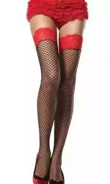Women Red Floral Lace Fishnet Stocking