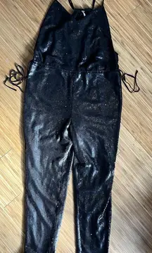 Free People Jumpsuit Womens XS New Years Black Tie Shiny Sequined Pantsuit