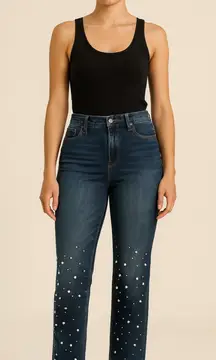 Soho Women's Stretch Denim Straight Leg Jeans with Pearl Details.     Size-10