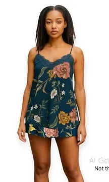 Maison du Soir | M | Satin Floral Crane Print Eyelash Lace Cami & Lola Short Set