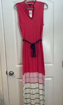 Nautica  Pink Striped Sleeveless Tie Belt Coastal Maxi Dress Medium NWT