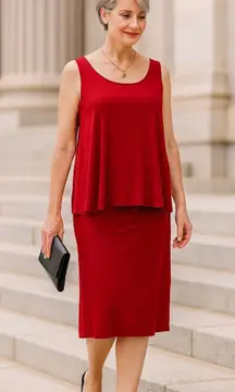 J Jill Wearever Red Sleeveless Top L & Midi Skirt Set Size S Stretch Two Piece