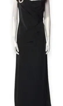 Tadashi Shoji Black Evening Gown Square Neckline Crystal Brooch MOTB MOTG Modest