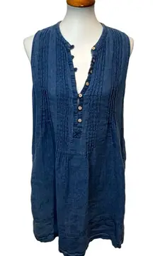 Faherty Sleeveless Knee-Length Dress Button Front 100% Linen Blue Size 4