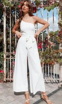 Petal & Pup Leyton White One Shoulder Wide Leg Belted Jumpsuit 2