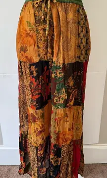 Boho Hippie Colorful Floral Patchwork Kantha Sari flowy Pants gold green red