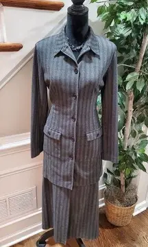 Newyork & Co Women Gray Polyester Long Sleeve Jacket & Long Skirt 2 Piece Suit L