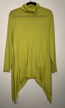 Chico’s Chartreuse Tunic Sweater L‎ Asymmetrical Hem Lightweight Cowl Neck