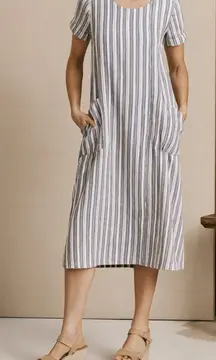 Final Touch blue grey Linen midi striped sheath pocket dress w belt sz S comfort