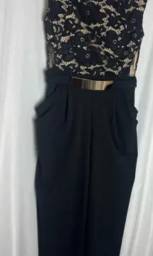 Elegant Black Lace Jumpsuit sleeveless party cigarette pant gold belt Medium