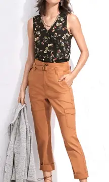 CAbi Black Floral Top and Tan Pants