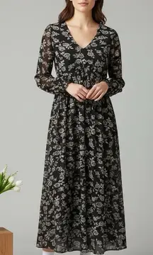 Badgley Mischka Tulle Black Floral Cottagecore Romantic Maxi Semi sheer Dress PS