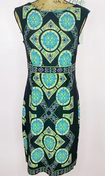 Sandra Darren Mandala Print Sleeveless Sheath Dress Size 8 Black Neon Multi