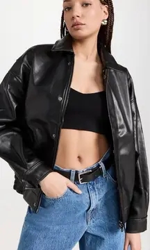 LIONESS Kenny Bomber Jacket Jet Black Faux Leather Oversized Size Medium M EUC