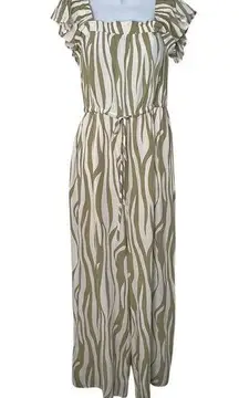 Easel Wide Leg Abstract Zebra Ruffled Flutter Sleeve Sage White Jumpsuit S NWT