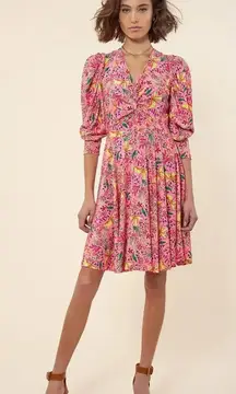 Hale Bob Size XS Manila Jersey Dress Pink Floral Twist Front Balloon Sleeve‎