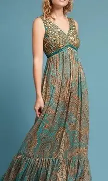 Anthropologie  Ranna Gill Beaded Sequin
Paisley Teal Maxi Dress Size 0