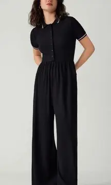 Cider Polo Collar Contrast Trim Button Jumpsuit Black Sz L