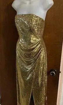 LBV gold strapless sequin asymmetrical gown