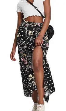 ASOS Floral Dot Midi Slit Button Up Pockets Skirt Black Size 2