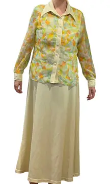 Vintage‎ 1970s 2 Piece Dress Set Floral Sheer Top Sleeveless Gown Modest Maxi