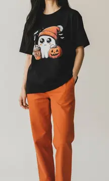 Pumpkin Boo Spice Black Short Sleeve Tee Shirt. Adorable Little Ghost & Pumpkins