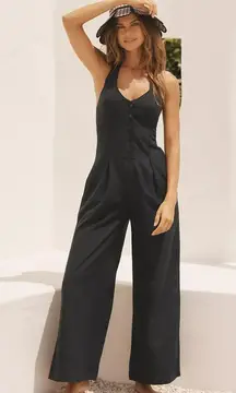 L*SPACE Alena Halter Wide-Leg Linen Jumpsuit in Black Size Small