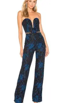 h:ours Salva Jumpsuit in Blue & Black Lace Strapless Chain Detail Size Medium