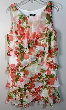 SLNY Tiered Chiffon Coral White Floral Dress Size 12