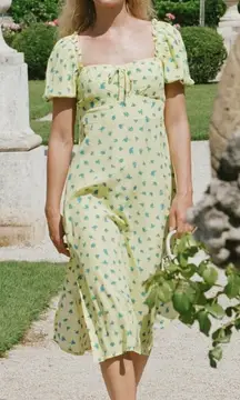 Faithfull The Brand Bette Yellow with Blue Flowers Summer‎ Midi Dress US 6