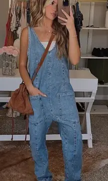 NWOT Fabulous Acid washed denim deep front v neck overall - small (s/m fit)