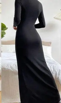 The range black ribbed knit cowl neck midi dress w/ high slit