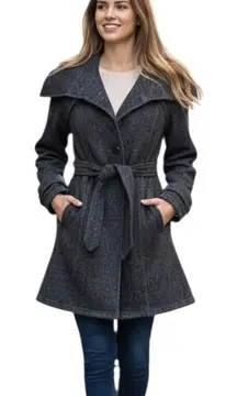 IZ Byer Coat Womens Medium Gray Tweed Belted Trench Collared Lined Button Front