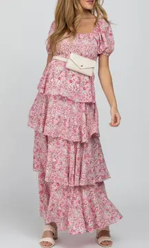 Pink Blush Pink Floral Square Neck Ruffle Layered Maternity Maxi Dress