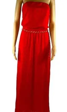 Cache Strapless Red Orange Textured Slit Sides Belted Maxi Dress Womens Small